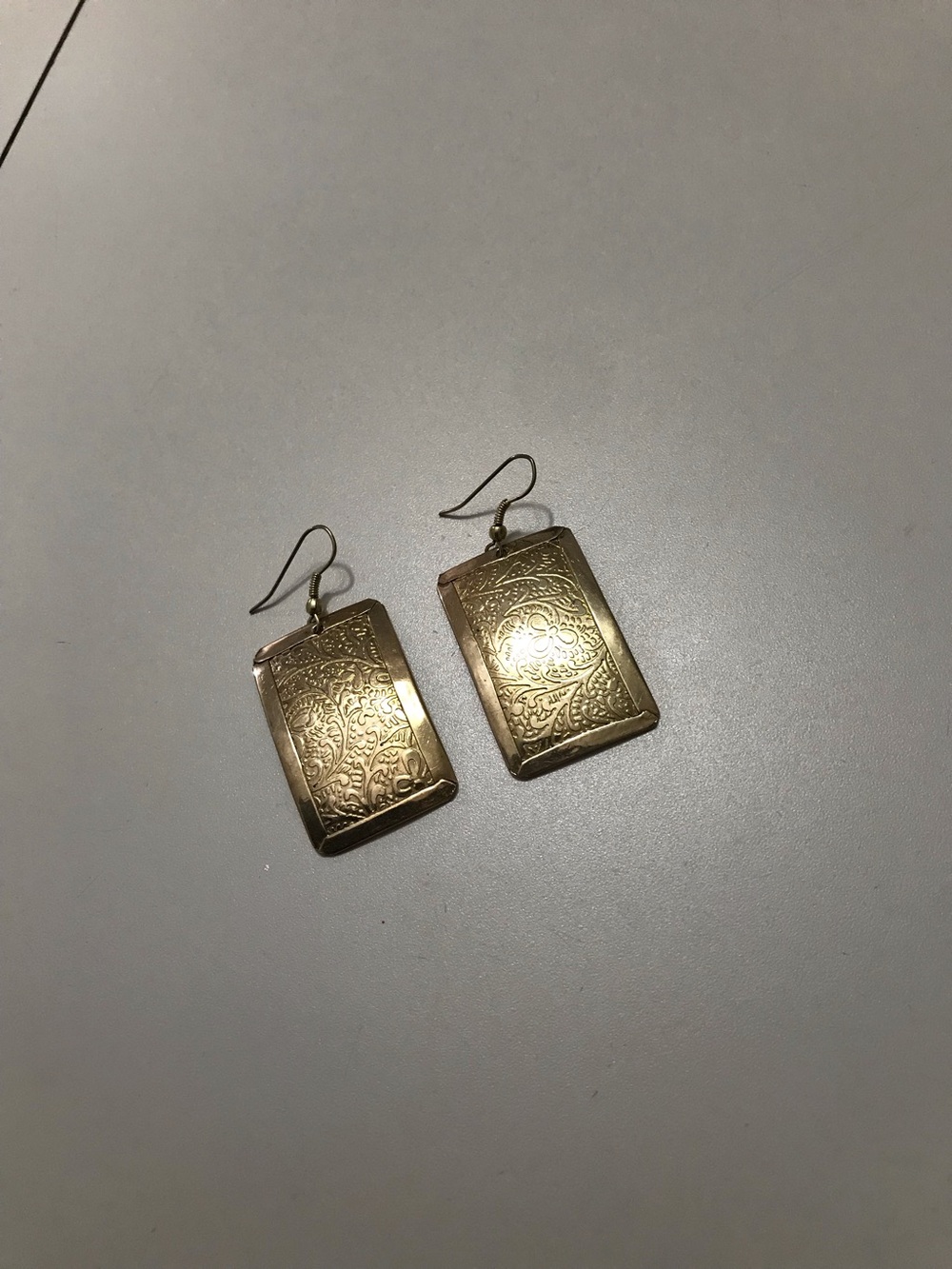 Gold Tone Brass Rectangle Etched Floral Design Earrings